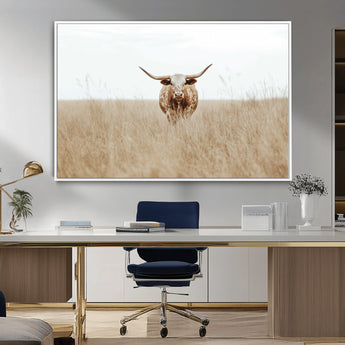 20927060-MGV-FC-36X24_White-Texas Longhorn Wall Art Canvas Print, Framed Lone Cattle Art Picture Print, Longhorn Bull Perfect Rustic Western Decor Artwork