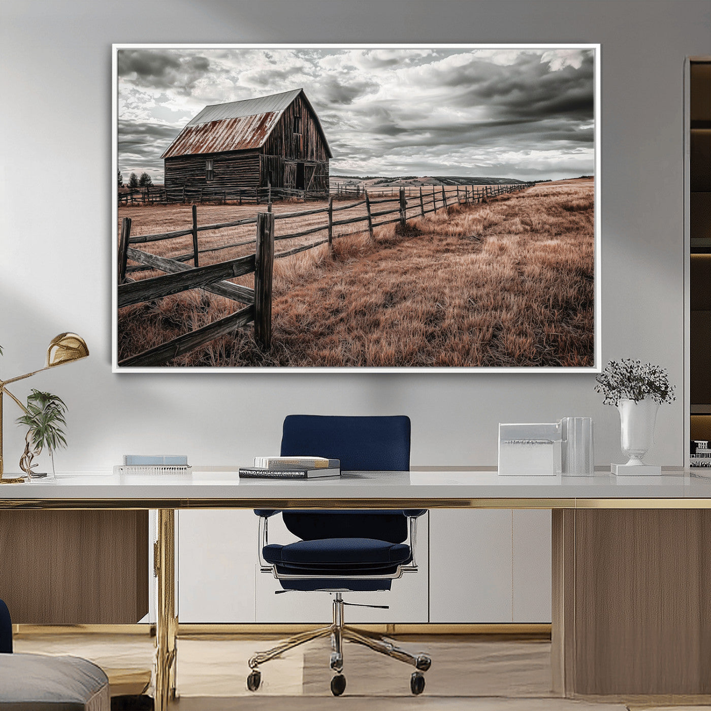 73898372-MGV-FC-36X24_White-Rustic Barn Wall Art Canvas Print, Framed Moody Field Art Picture Print, Weathered Fence Perfect Moody Farmhouse Decor Artwork