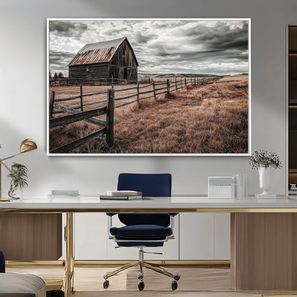 73898372-MGV-FC-36X24_White-Rustic Barn Wall Art Canvas Print, Framed Moody Field Art Picture Print, Weathered Fence Perfect Moody Farmhouse Decor Artwork