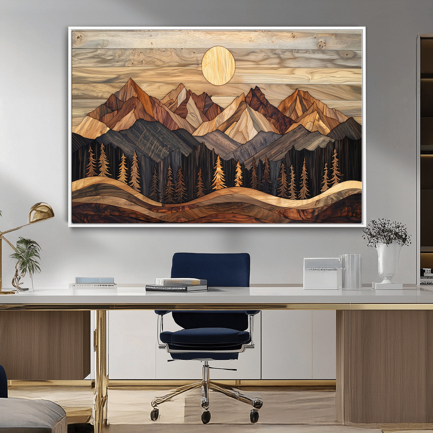 50100230-MGV-CV-36X24-Wooden Mountain Wall Art – Rustic Nature Landscape Canvas Print, Handmade Style Sun, Forest, and Peaks Artwork for Living Room,