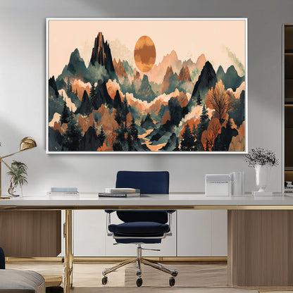 13012770-MGV-CV-36X24-Mountain Landscape Wall Art – Modern Nature Canvas Print with Sun, Misty Peaks, and Forest in Orange and Green Tones for Living