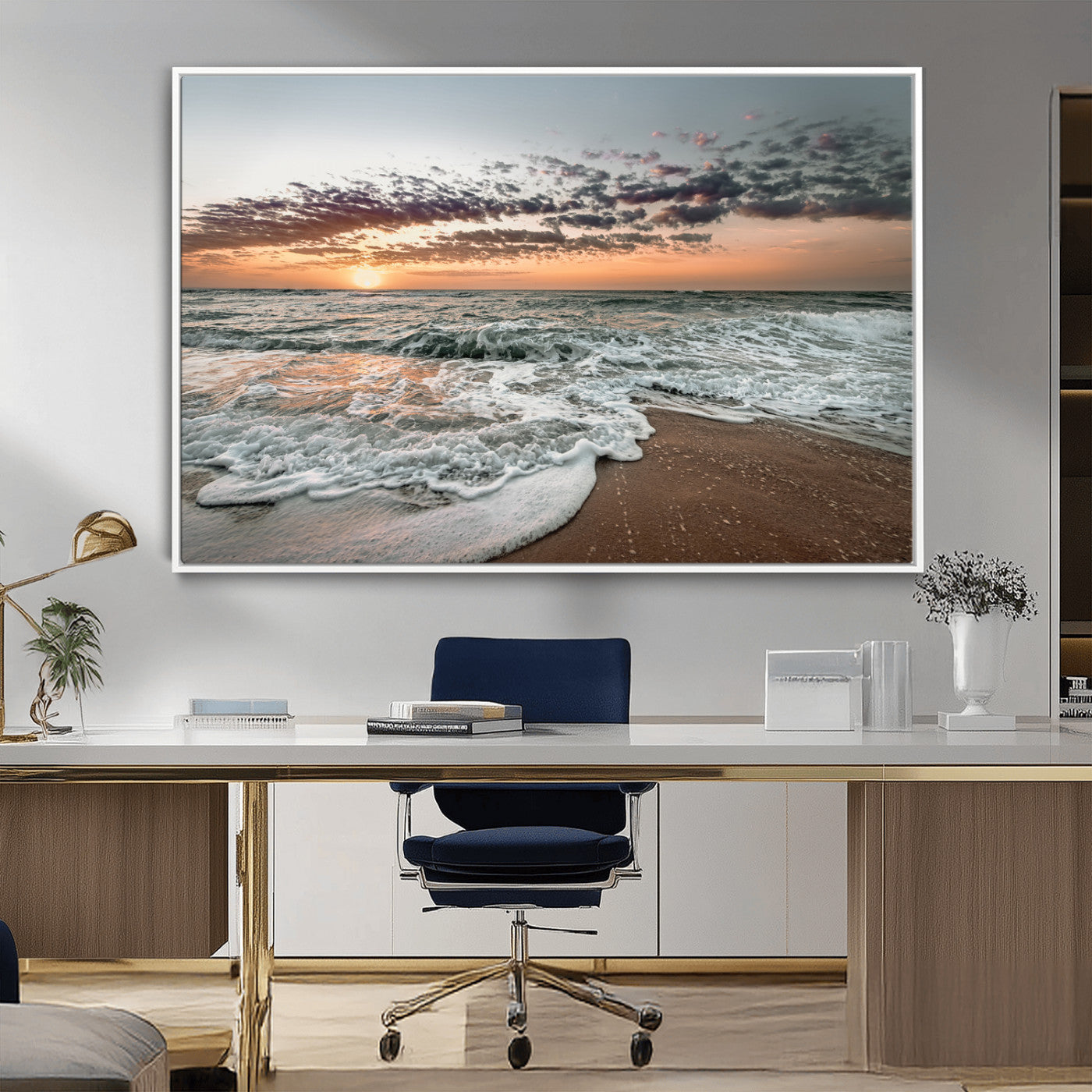 40632752-MGV-CV-36X24-Ocean Sunset Wall Art Canvas Print, Framed Beach Waves Art Picture Print, Coastal Scene Perfect Coastal Decor Artwork