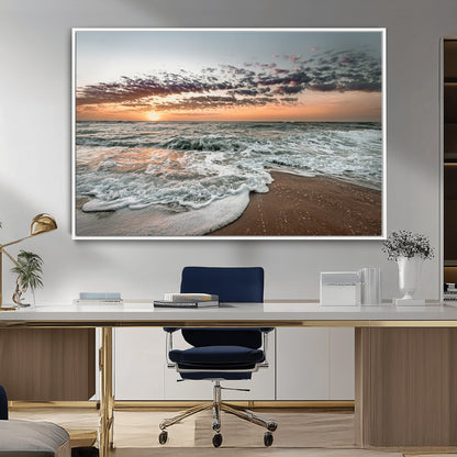 40632752-MGV-CV-36X24-Ocean Sunset Wall Art Canvas Print, Framed Beach Waves Art Picture Print, Coastal Scene Perfect Coastal Decor Artwork