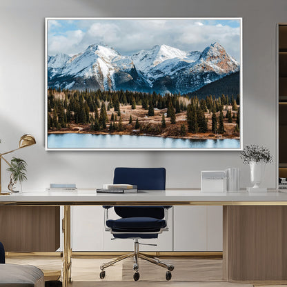 36247746-MGV-CV-36X24-Snowy Peaks Wall Art Canvas Print, Framed Alpine Lake Art Picture Print, Pine Forest Perfect Alpine Wilderness Decor Artwork