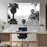 89458520-MGV-CV-36X24-Palm Trees Wall Art Canvas Print, Framed Coastal View Art Picture Print, Ocean Horizon Perfect Monochrome Coast Decor Artwork