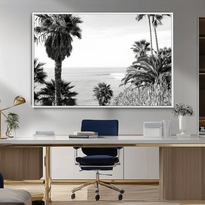 89458520-MGV-CV-36X24-Palm Trees Wall Art Canvas Print, Framed Coastal View Art Picture Print, Ocean Horizon Perfect Monochrome Coast Decor Artwork