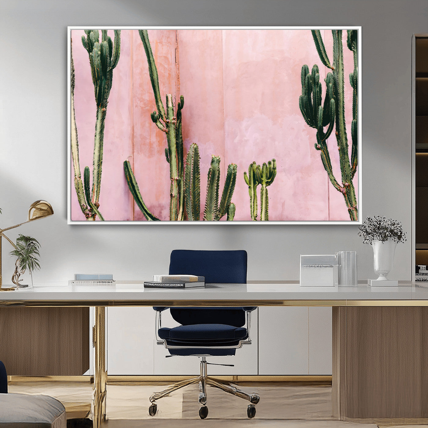 93119502-MGV-CV-36X24-Tall Cactus Wall Art Canvas Print, Framed Pink Wall Art Picture Print, Cactus Lines Perfect Modern Desert Decor Artwork