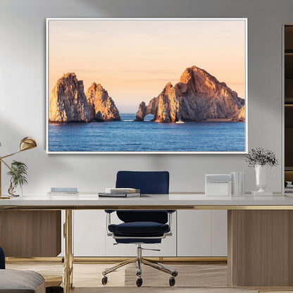 72996116-MGV-CV-36X24-El Arco Wall Art Canvas Print, Framed Cabo Rocks Art Picture Print, Ocean Arch Perfect Golden Coastal Landmark Decor Artwork