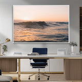 46299358-MGV-FC-36X24_White-Sunset Waves Wall Art Canvas Print, Framed Ocean Horizon Art Picture Print, Golden Water Perfect Golden Hour Coastal Decor Artwork