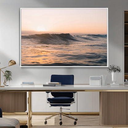 46299358-MGV-CV-36X24-Sunset Waves Wall Art Canvas Print, Framed Ocean Horizon Art Picture Print, Golden Water Perfect Golden Hour Coastal Decor Artwork