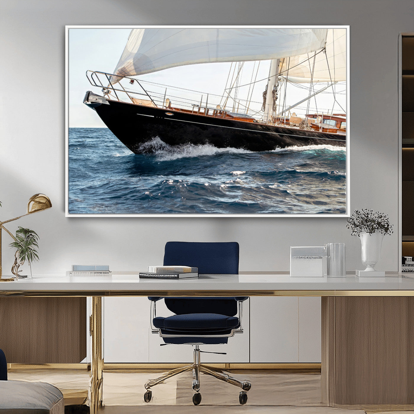 97168626-MGV-FC-36X24_White-Sailing Yacht Wall Art Canvas Print, Framed Wooden Yacht Art Picture Print, Ocean Waves Perfect Nautical Coastal Decor Artwork