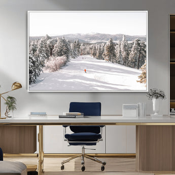 62119206-MGV-FC-36X24_White-Snowy Trail Wall Art Canvas Print, Framed Ski Slope Art Picture Print, Winter Pines Perfect Alpine Adventure Decor Artwork