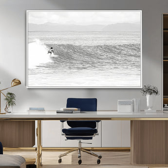 81535128-MGV-FC-36X24_White-Surfer Woman Wall Art Canvas Print, Framed Black Ocean Art Picture Print, Ocean Surfing Perfect Monochrome Coastal Decor Artwork