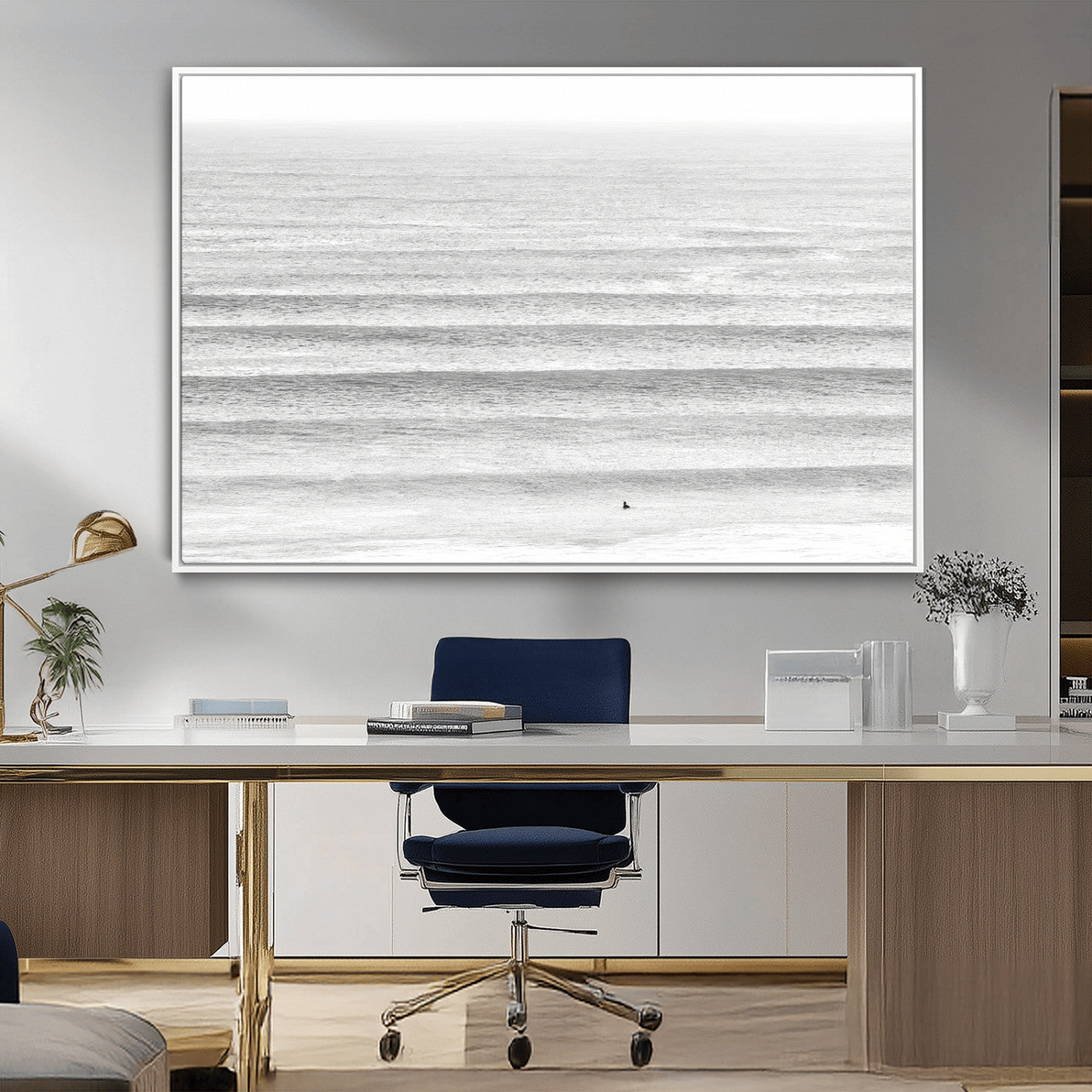 66534476-MGV-CV-36X24-Lone Surfer Wall Art Canvas Print, Framed Ocean Waves Art Picture Print, Minimal Sea Perfect Minimal Coastal Decor Artwork