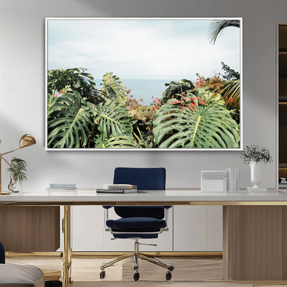45700479-MGV-CV-36X24-Monstera Leaves Wall Art Canvas Print, Framed Tropical Ocean Art Picture Print, Tropical Foliage Perfect Tropical Coastal Jungle