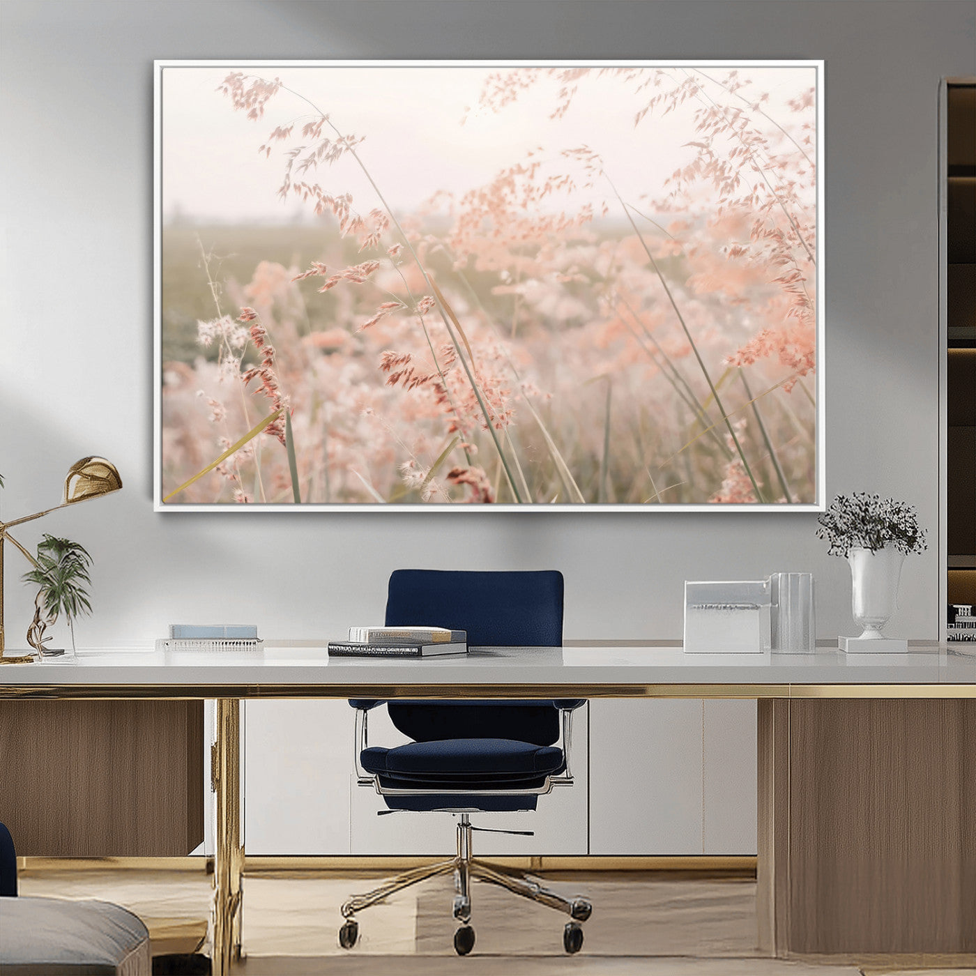 79164340-MGV-CV-36X24-Pastel Grasses Wall Art Canvas Print, Framed Soft Meadow Art Picture Print, Field in Breeze Perfect Pastel Minimal Decor Artwork