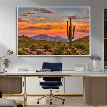 25332783-MGV-CV-36X24-Saguaro Cactus Wall Art Canvas Print, Framed Arizona Sunset Art Picture Print, Sonoran Desert Perfect Southwestern Boho Decor