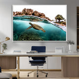 44200301-MGV-CV-36X24-Sea Turtle Swim Wall Art Canvas Print, Framed Ocean Life Art Picture Print, Tropical Shoreline Perfect Tropical Coastal Decor