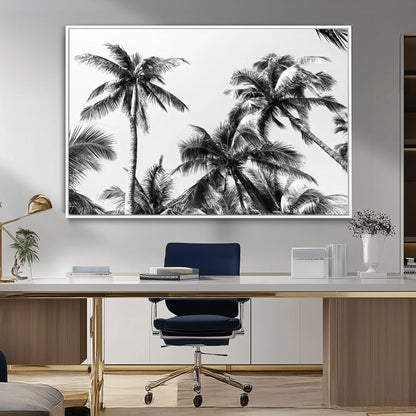 46641801-MGV-CV-36X24-Palm Tree Wall Art Canvas Print, Framed Black White Tropics Art Picture Print, Monochrome Palms Perfect Modern Tropical Minimalist