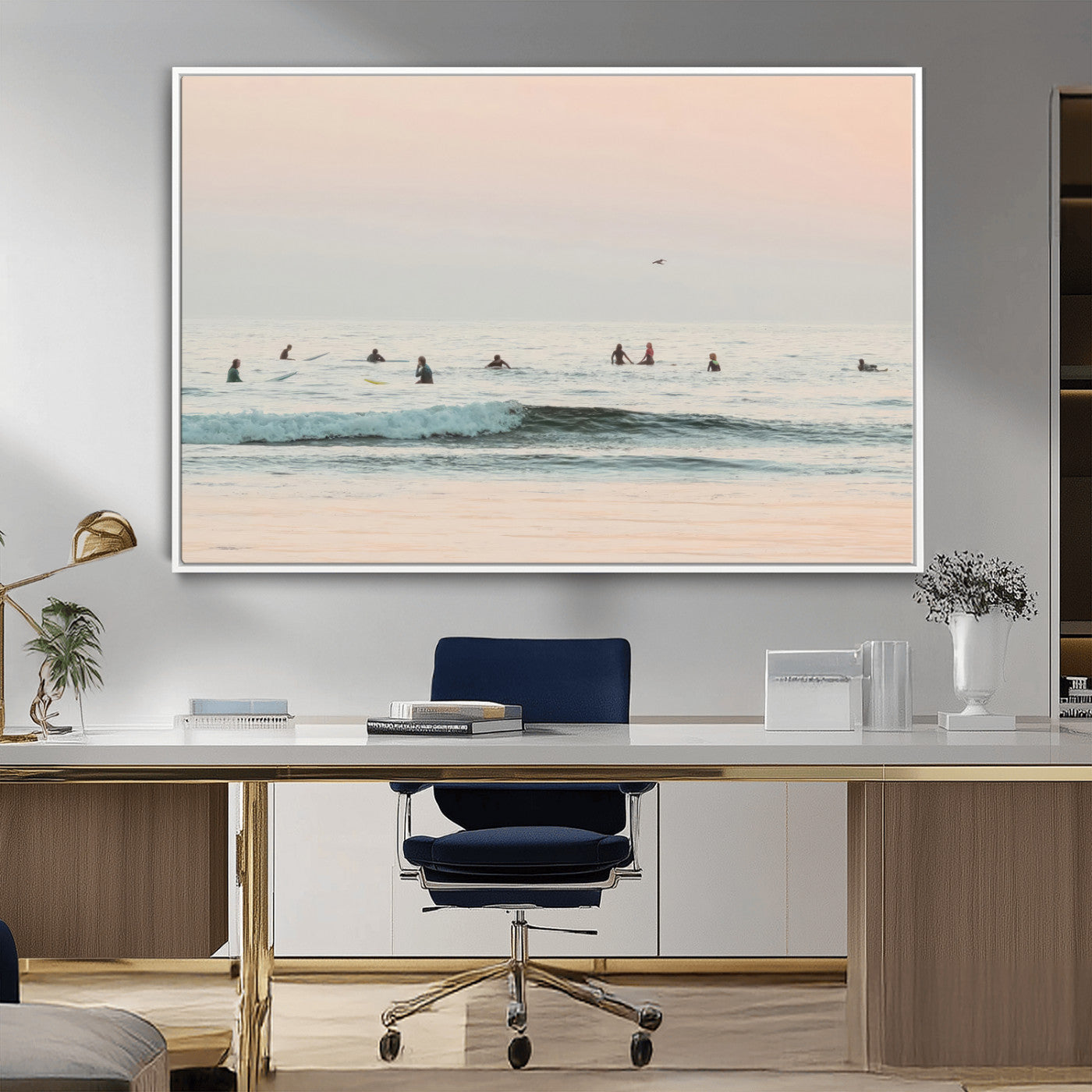 98888919-MGV-CV-36X24-Pastel Ocean Wall Art Canvas Print, Framed Soft Sunset Swimming Art Picture Print, Calm Sea Horizon Perfect Soft Coastal