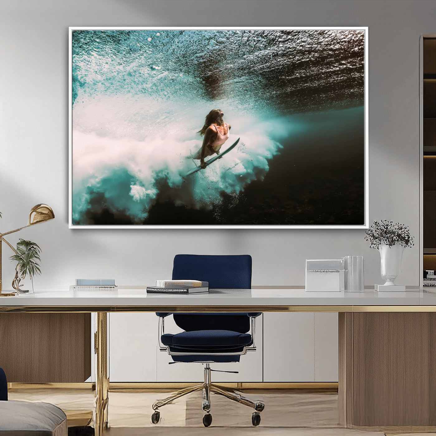 85923512-MGV-CV-36X24-Aquatic Motion Wall Art Canvas Print, Framed Underwater Swimming Art Picture Print, Female Surfer Diving Perfect Coastal Boho