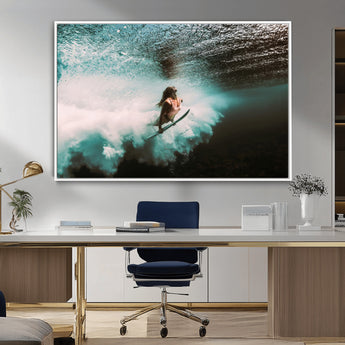 85923512-MGV-CV-36X24-Aquatic Motion Wall Art Canvas Print, Framed Underwater Swimming Art Picture Print, Female Surfer Diving Perfect Coastal Boho