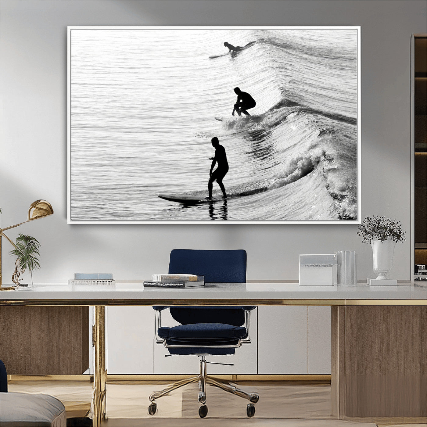 19875284-MGV-CV-36X24-Surfer Waves Wall Art Canvas Print, Framed Black White Surf Art Picture Print, Monochrome Ocean Perfect Modern Coastal Decor