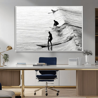 19875284-MGV-CV-36X24-Surfer Waves Wall Art Canvas Print, Framed Black White Surf Art Picture Print, Monochrome Ocean Perfect Modern Coastal Decor