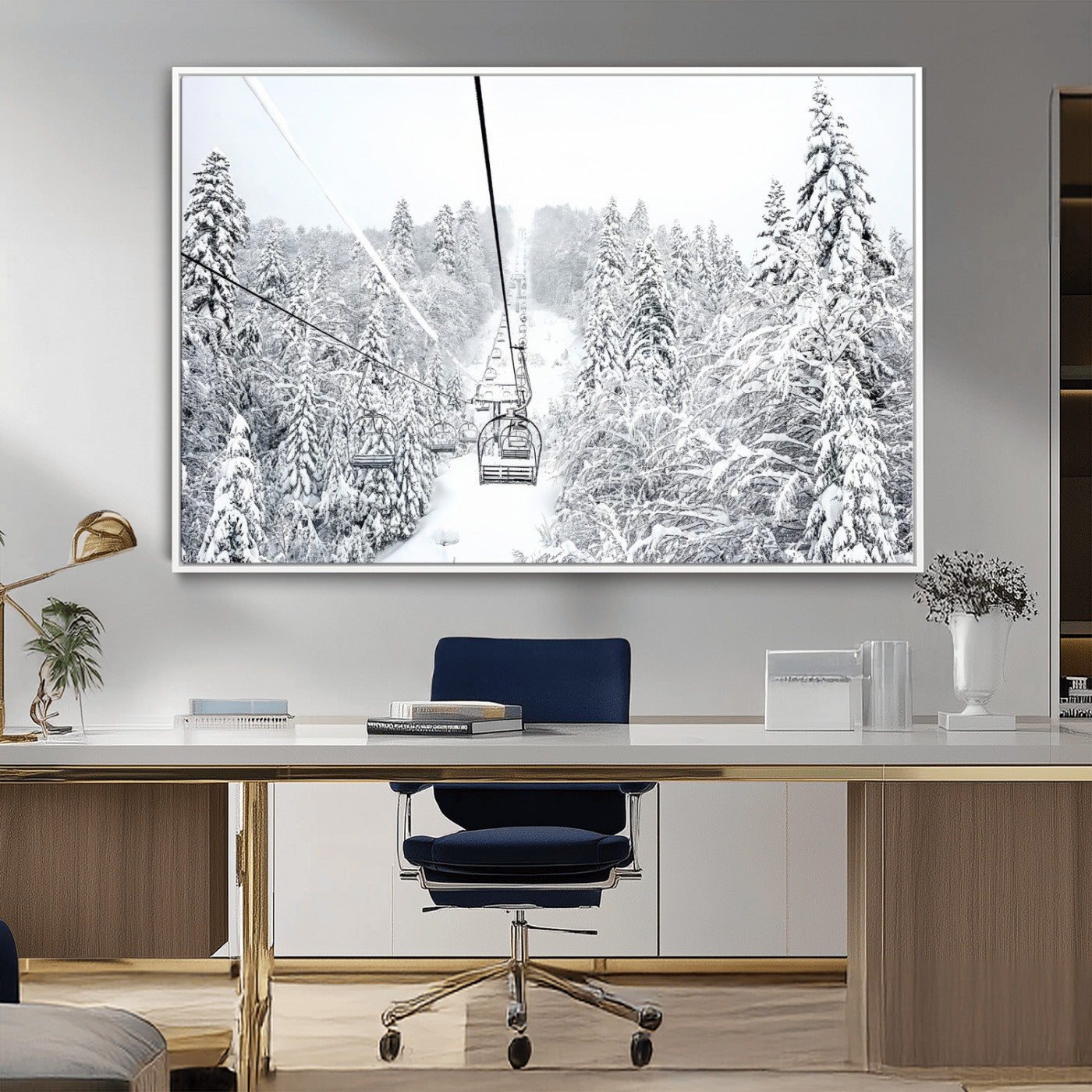 44705668-MGV-CV-36X24-Winter Forest Wall Art Canvas Print, Framed Snowy Forest Art Picture Print, Ski Lift Perfect Scandinavian Decor Artwork