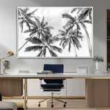 62113786-MGV-CV-36X24-Black White Palm Wall Art Canvas Print, Framed Monochrome Tropics Art Picture Print, Minimalist Beach Perfect Coastal Minimalist
