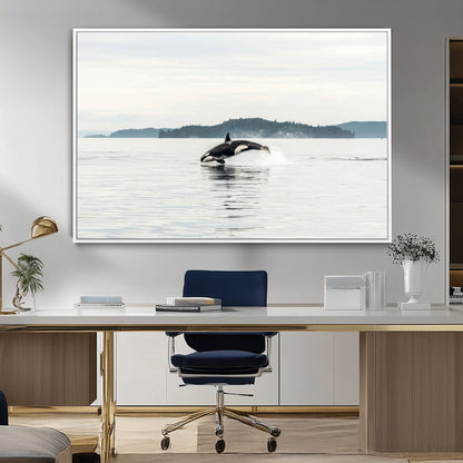 10157174-MGV-CV-36X24-Orca Whale Wall Art Canvas Print, Framed Black White Whale Art Picture Print, Minimalist Ocean Perfect Coastal Minimalist Decor