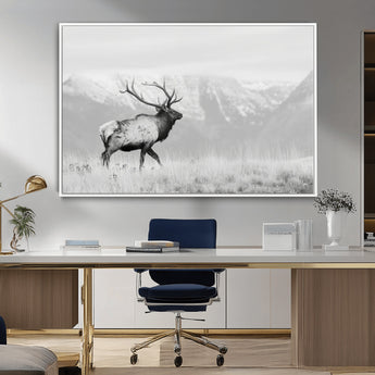 62278753-MGV-CV-36X24-Monochrome Elk Wall Art Canvas Print, Framed Mountain Wildlife Art Picture Print, Rustic Nature Perfect Rustic Minimalist Decor
