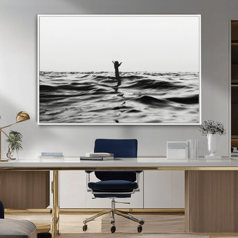 69541918-MGV-CV-36X24-Black White Ocean Wall Art Canvas Print, Framed Moody Seascape Art Picture Print, Surfer Sign Perfect Moody Minimalist Decor