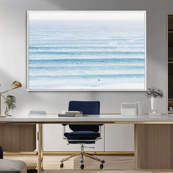 77145995-MGV-CV-36X24-Ocean Simplicity Wall Art Canvas Print, Framed Surfer on Water Art Picture Print, Light Blue Perfect Coastal Minimalist Decor