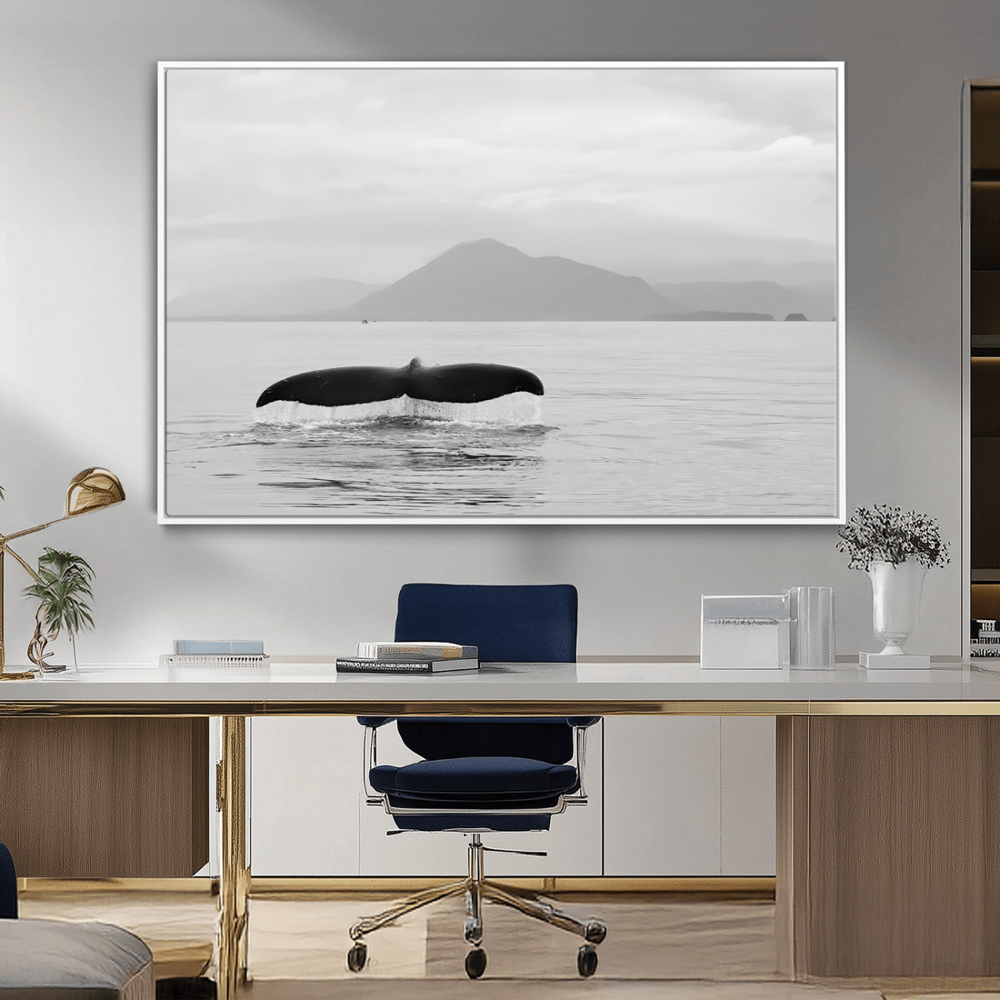 30524220-MGV-CV-36X24-Whale Tail Wall Art Canvas Print, Framed Black White Ocean Art Picture Print, Calm Marine Perfect Minimalist Coastal Decor Artwork
