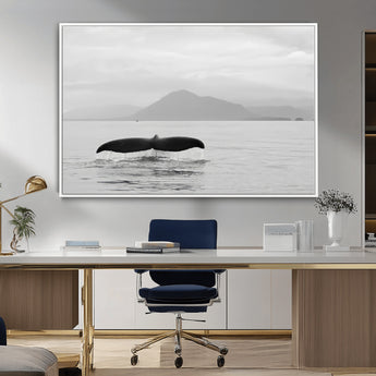 30524220-MGV-CV-36X24-Whale Tail Wall Art Canvas Print, Framed Black White Ocean Art Picture Print, Calm Marine Perfect Minimalist Coastal Decor Artwork