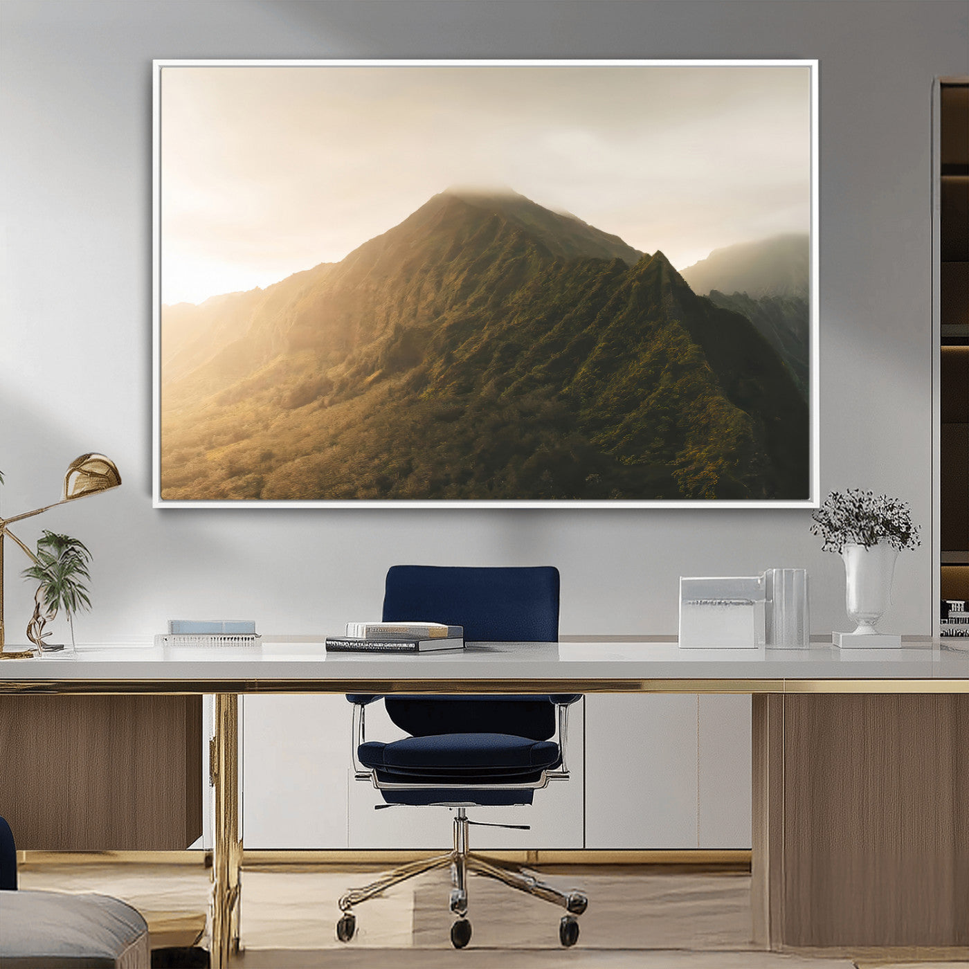 42338636-MGV-CV-36X24-Golden Mountain Wall Art Canvas Print, Framed Misty Summit Art Picture Print, Rugged Landscape Perfect Moody Wilderness Decor