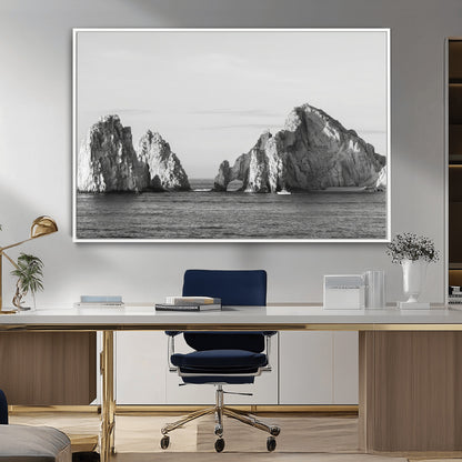 18810731-MGV-CV-36X24-Rugged Coastline Wall Art Canvas Print, Framed Ocean Cliffs Art Picture Print, Monochrome Seascape Perfect Coastal Minimalist