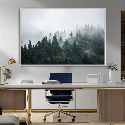 84146572-MGV-FC-36X24_White-Foggy Pine Trees Wall Art Canvas Print, Framed Forest Nature Art Picture Print, Evergreen Forest Perfect Scandinavian Minimalist