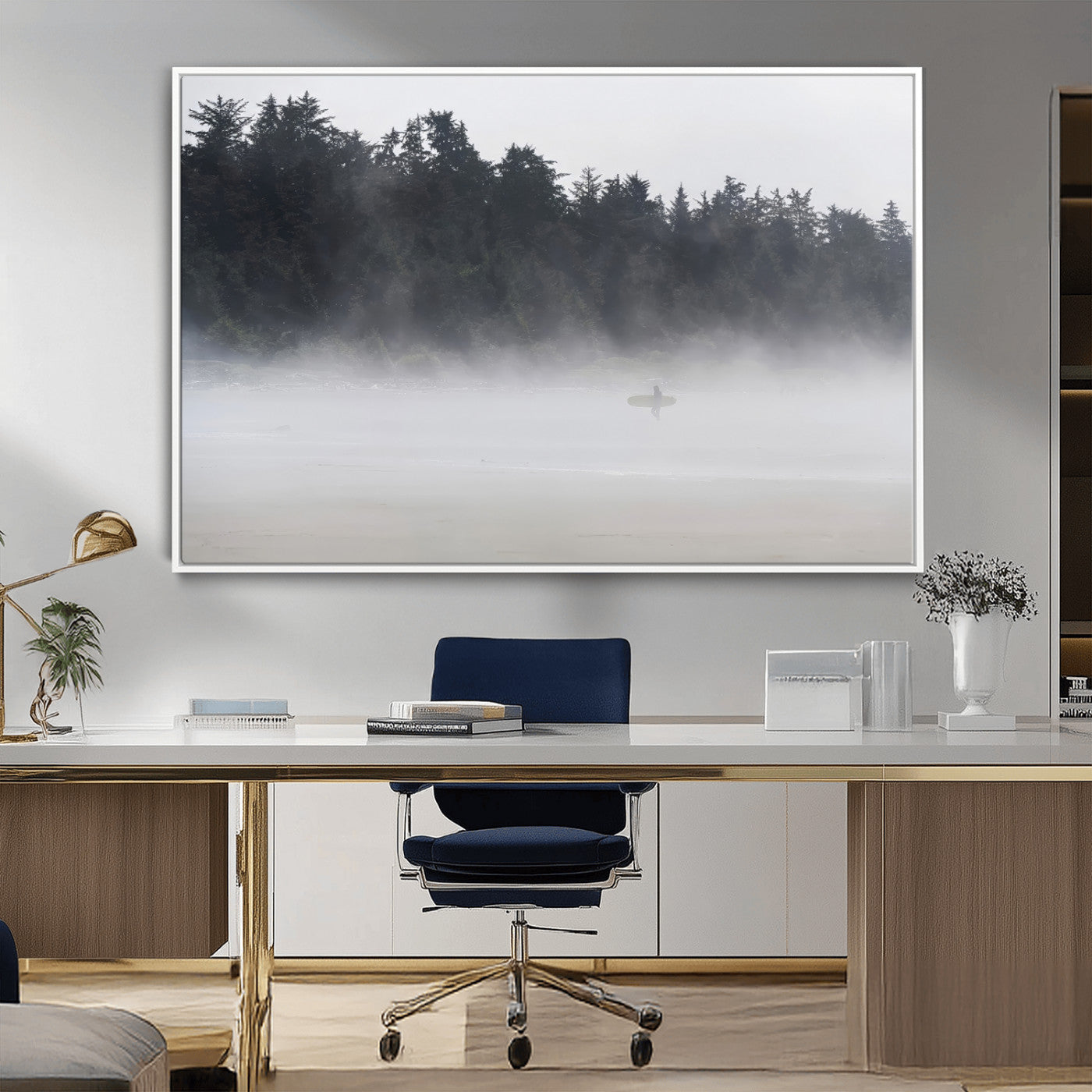 59703275-MGV-CV-36X24-Surfer in Fog Wall Art Canvas Print, Framed Foggy Beach Art Picture Print, Coastal Surf Perfect Moody Coastal Decor Artwork