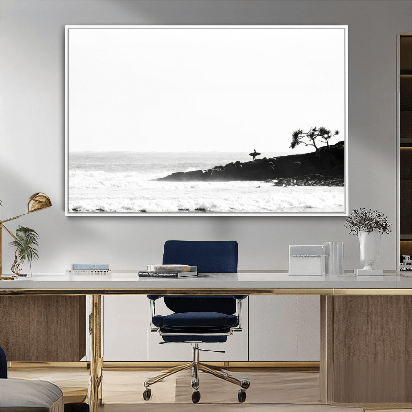 40875891-MGV-CV-36X24-SurferCliffs Wall Art Canvas Print, Framed Black White Beach Art Picture Print, Ocean Waves Perfect Minimalist Coastal Decor