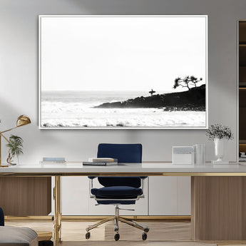 40875891-MGV-FC-36X24_White-SurferCliffs Wall Art Canvas Print, Framed Black White Beach Art Picture Print, Ocean Waves Perfect Minimalist Coastal Decor