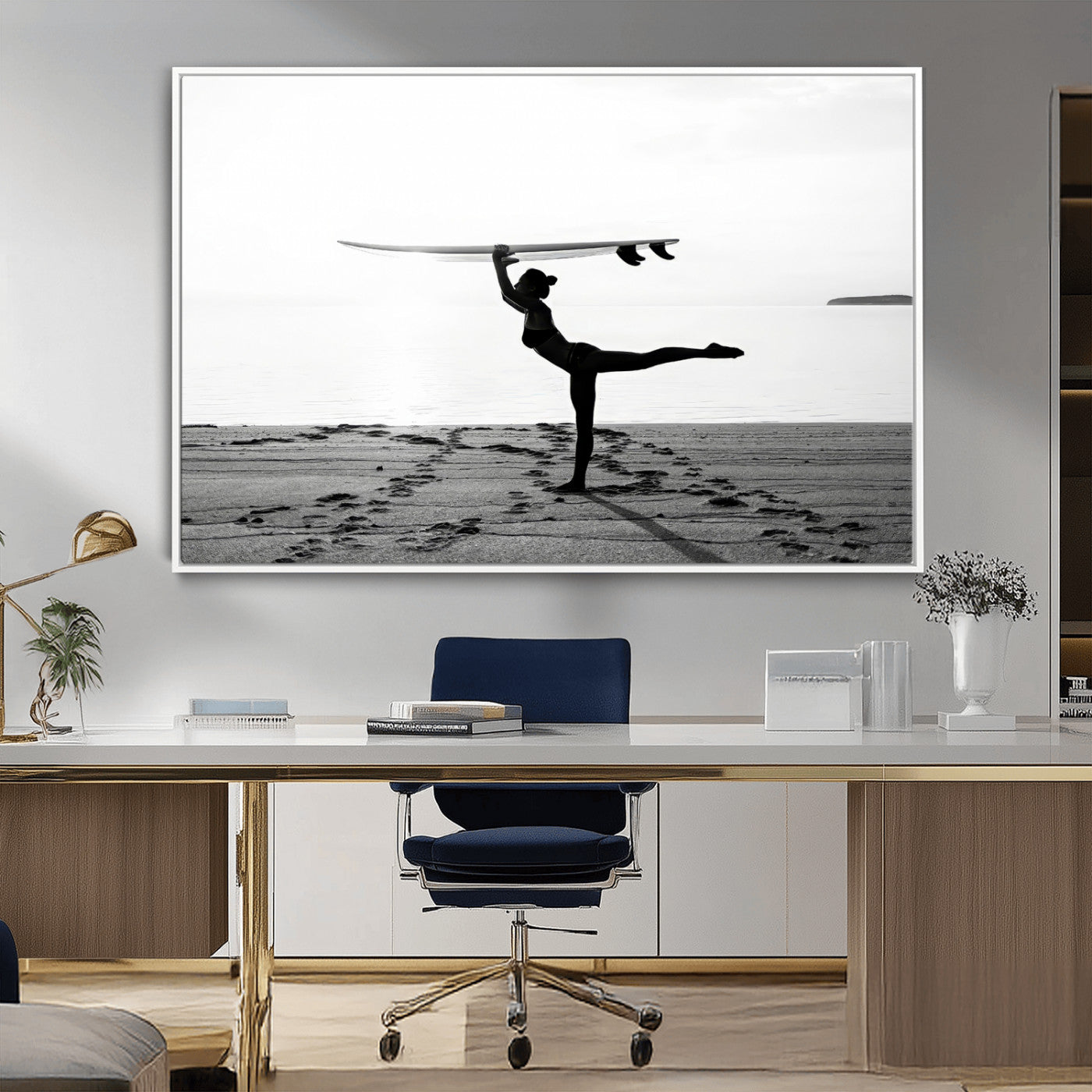 28441356-MGV-CV-36X24-Yoga Surf Wall Art Canvas Print, Framed Black White Shore Art Picture Print, Peaceful Ocean Perfect Minimalist Coastal Decor