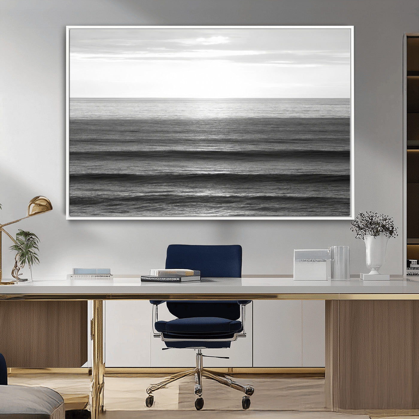 47305203-MGV-CV-36X24-Monochrome Ocean Wall Art Canvas Print, Framed Moody Ocean Art Picture Print, Calm Ocean Perfect Minimalist Coastal Decor Artwork
