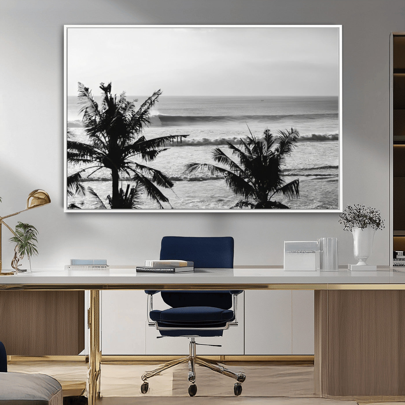 17508038-MGV-CV-36X24-Tropical Coastline Wall Art Canvas Print, Framed Palm Trees Art Picture Print, Ocean Waves Perfect Minimalist Coastal Decor