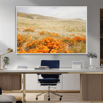 28972262-MGV-CV-36X24-Golden Wildflowers Wall Art Canvas Print, Framed Hills Bloom Art Picture Print, Poppy Meadow Perfect Rustic Nature Decor Artwork