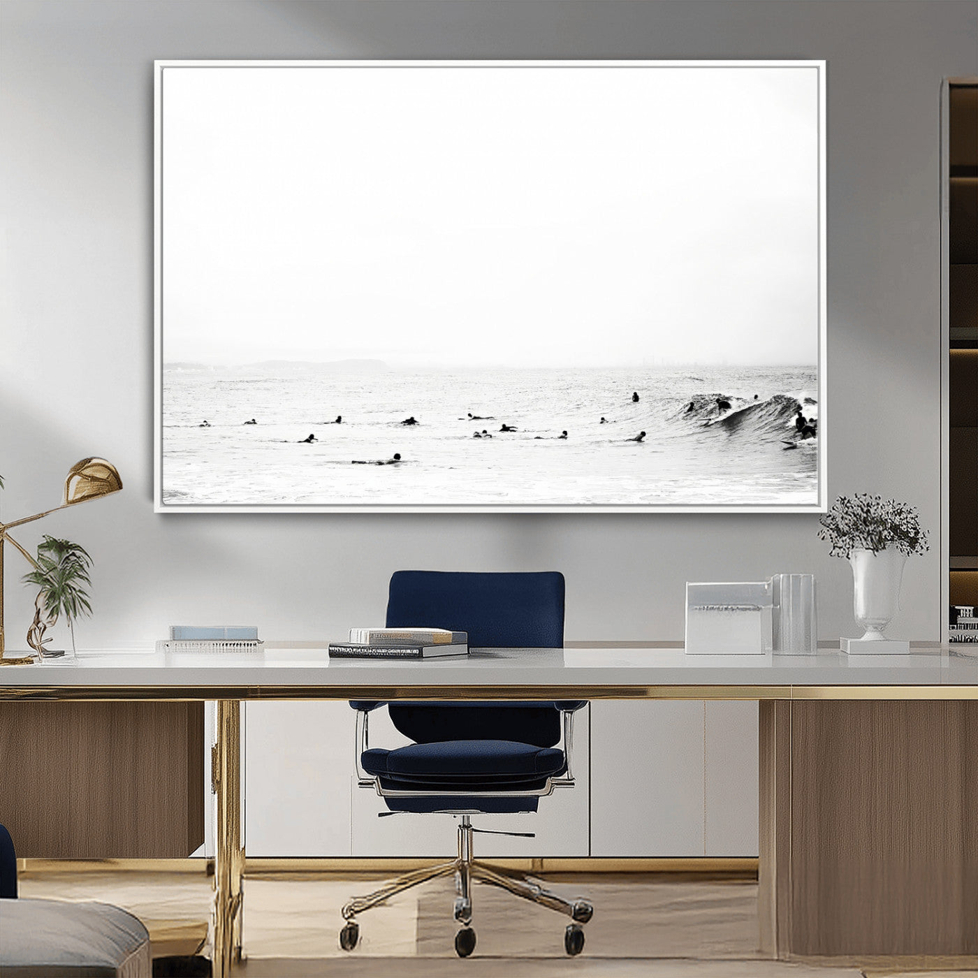 38441169-MGV-CV-36X24-Monochrome Swimming Wall Art Canvas Print, Framed Ocean Horizon Art Picture Print, Moody Coastal Perfect Minimalist Coastal Decor