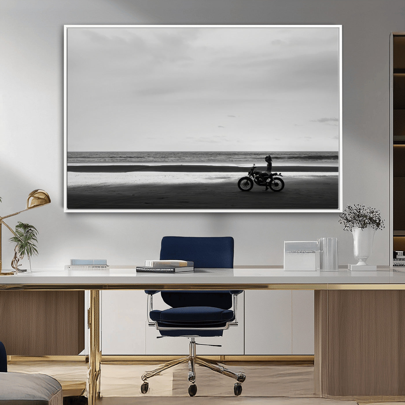 84739358-MGV-CV-36X24-Motorcycle Beach Wall Art Canvas Print, Framed Vintage Motorcycle Art Picture Print, Biker Silhouette Perfect Minimalist Adventure