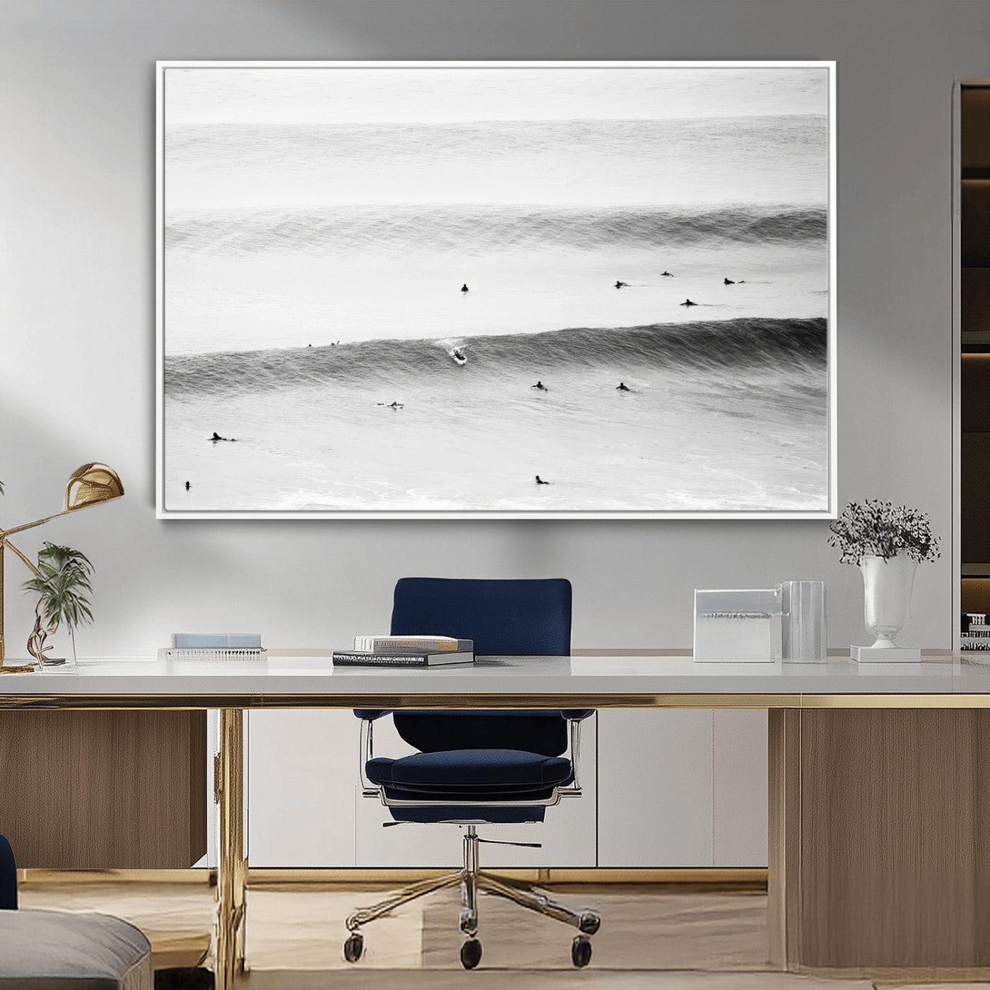 54291445-MGV-CV-36X24-Black White Ocean Wall Art Canvas Print, Framed Coastal Sport Art Picture Print, Ocean Culture Perfect Minimalist Coastal Decor