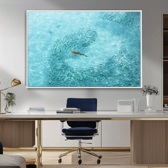 43671474-MGV-CV-36X24-Fish Swarm Wall Art Canvas Print, Framed Marine Life Art Picture Print, Shark Aerial Perfect Wildlife Coastal Decor Artwork